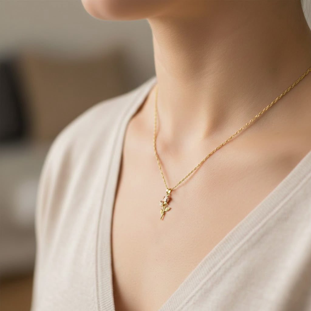Charm America - Gold Long Stem Double Rose Charm - 10 Karat Solid Gold