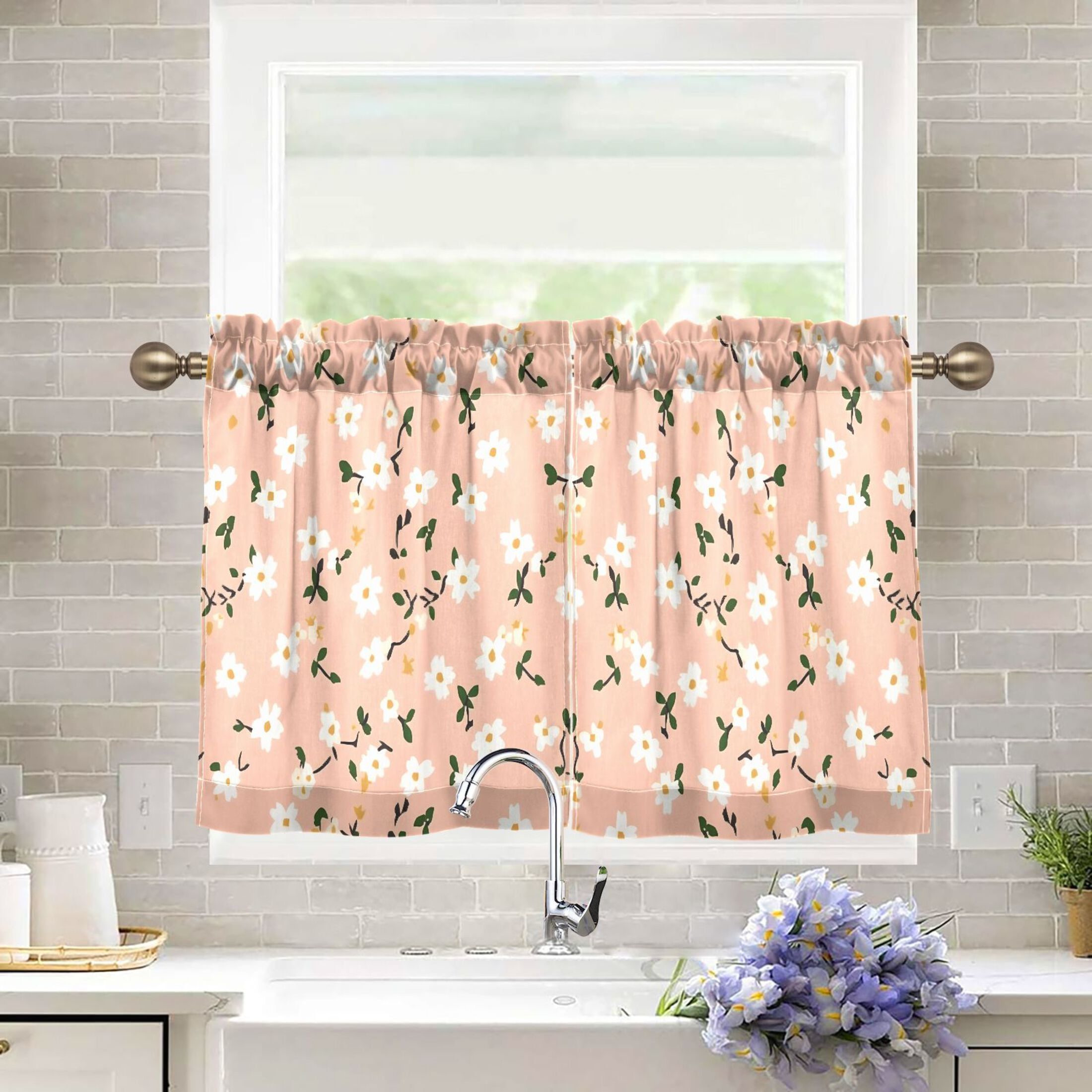 Linen Kitchen Curtains Dainty Pink Floral Tier Curtains Tier Kitchen Living Room Bedroom Balcony 2 Panels 27x36 Inch