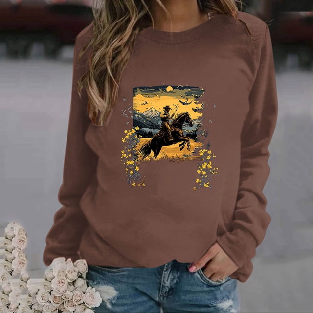RKSTN Blouses pour Femmes Imprimées Col Rond Manches Longues Chandails en Molleton Blouses pour Femmes Habillées Décontractées