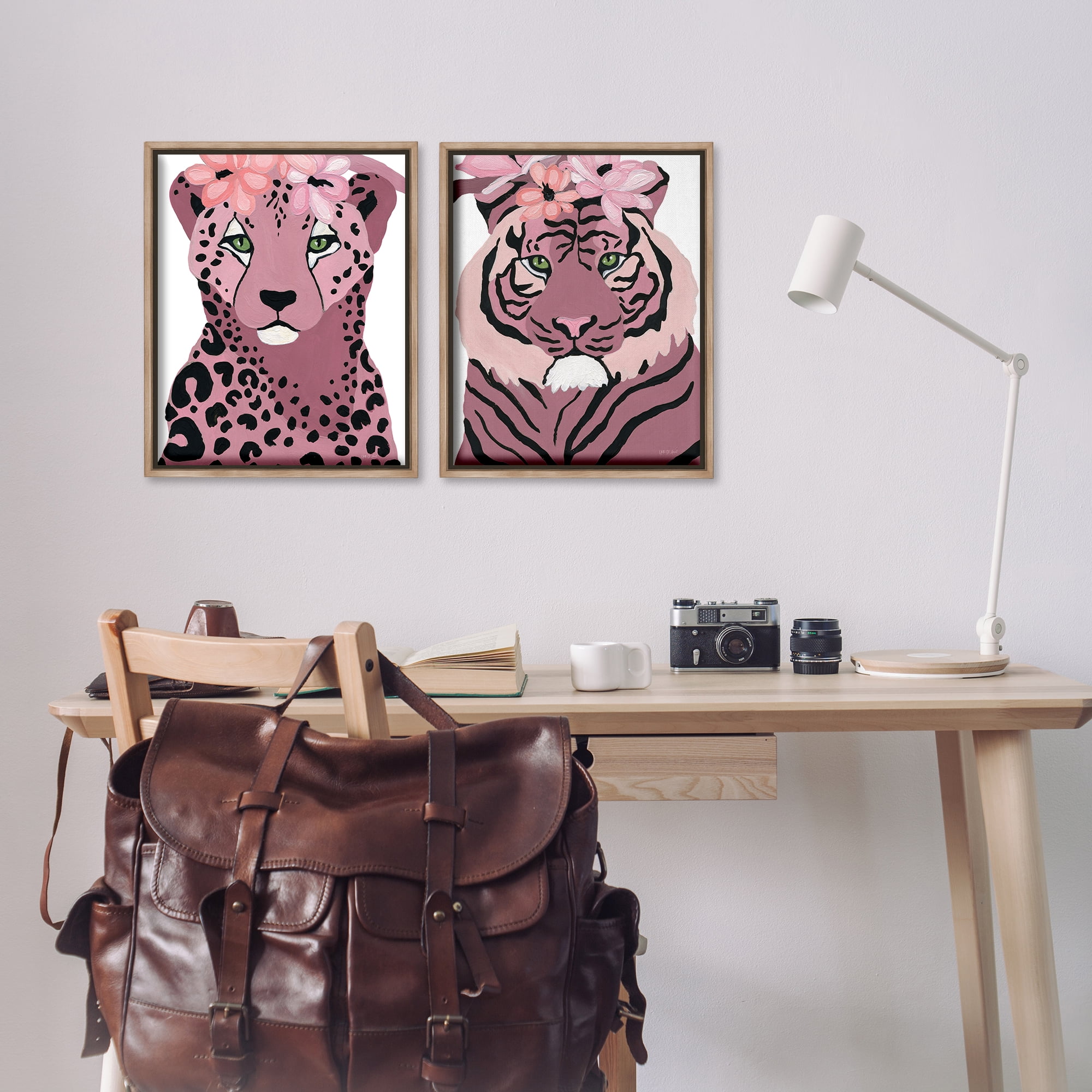 Stupell Industries Floral Cheetah Tiger Animals Painting Brown Floater Framed Canvas Art Print Wall Art, 17 x 21, Set of 2