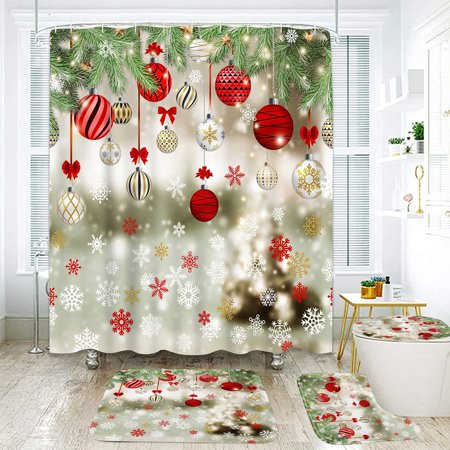 ZHANZZK Colorful Christmas Balls Snowflakes 4 Piece Bathroom Set Shower Curtain Bath Rug Contour Mat and Toilet Lid Cover