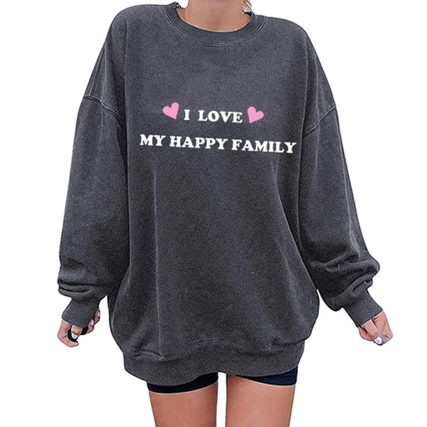 Gibobby Temperamento Pullover Top Moda de mujer Ocio Palabras de amor Impresión de amor Cuello redondo Manga larga Top suelto Suéter sin sombrero 8 (Gris, M)