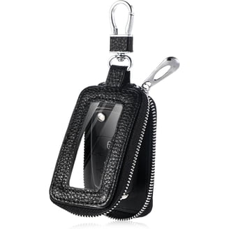Cowhide Leather Key Fob Cover Case – For Cadillac, Black Matte, With Keychain