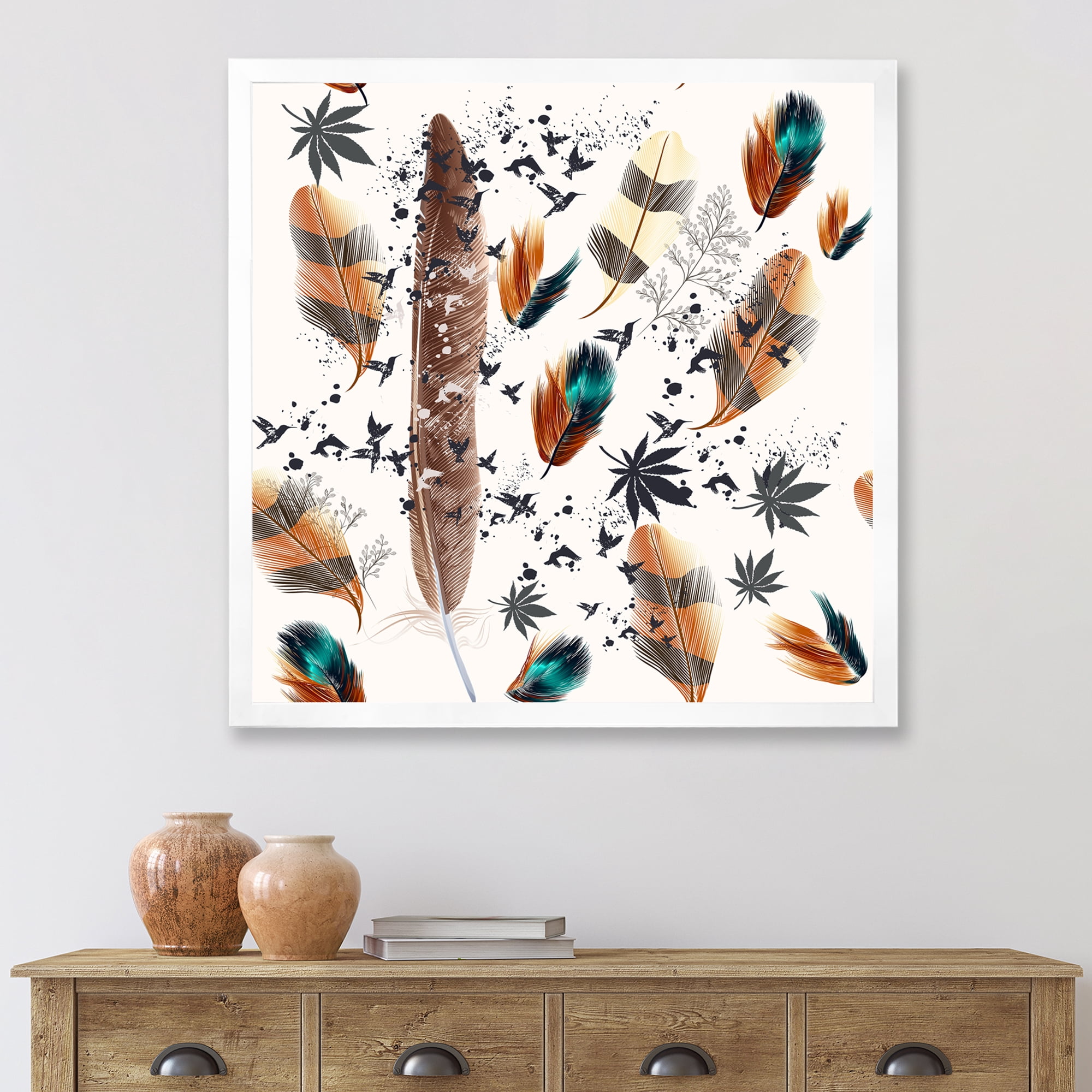 Designart 'Multicolored Feather Pattern With Floral' Bohemian & Eclectic Framed Art Print