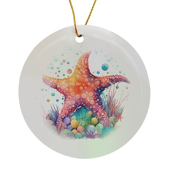 3drose, Cute Image of Watercolor Pastel Starfish with Bubbles Illustration, Circle Porcelain Ornament