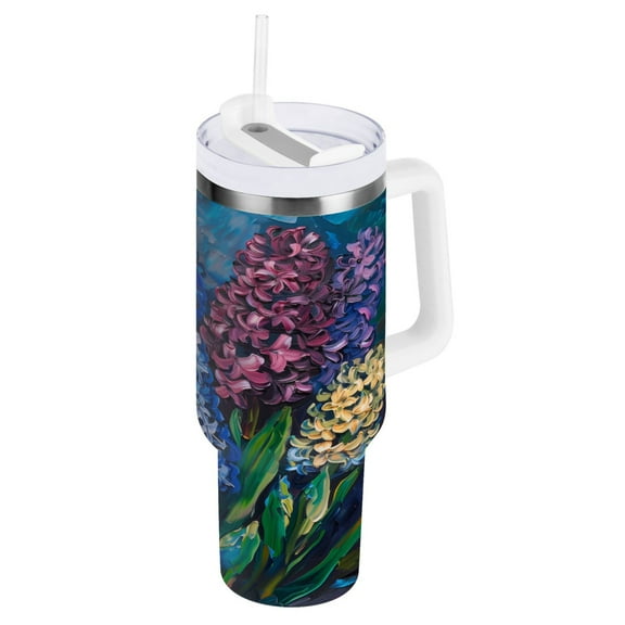 Color Hyacinths Flower Tumbler with Handle and Straw Lid 40 oz Insulated Vacuum Water Bottle Stainless Steel Travel Cup