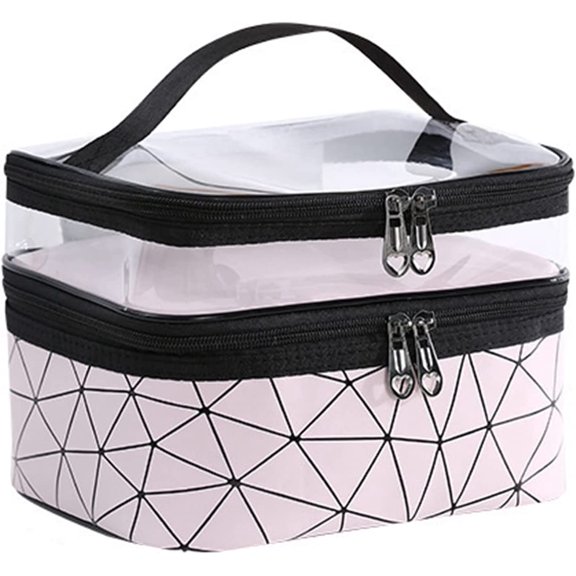 Women Toiletry Bag PU Makeup Bag Double Layer Travel Cosmetic Cases Make up Organizer with Handle Water-resistant Multifunction Big Skin Care Bag, Pink