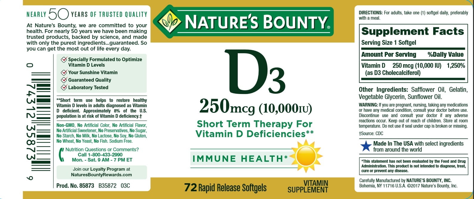 Natures Bounty Vitamin D3 250 Mcg 10000 Iu 72 Softgels