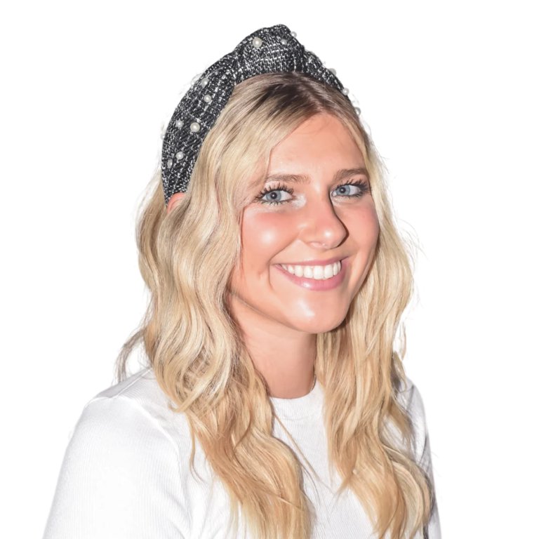 Black Tweed Knotted Headband with Pearl Embellishments  display picture 1