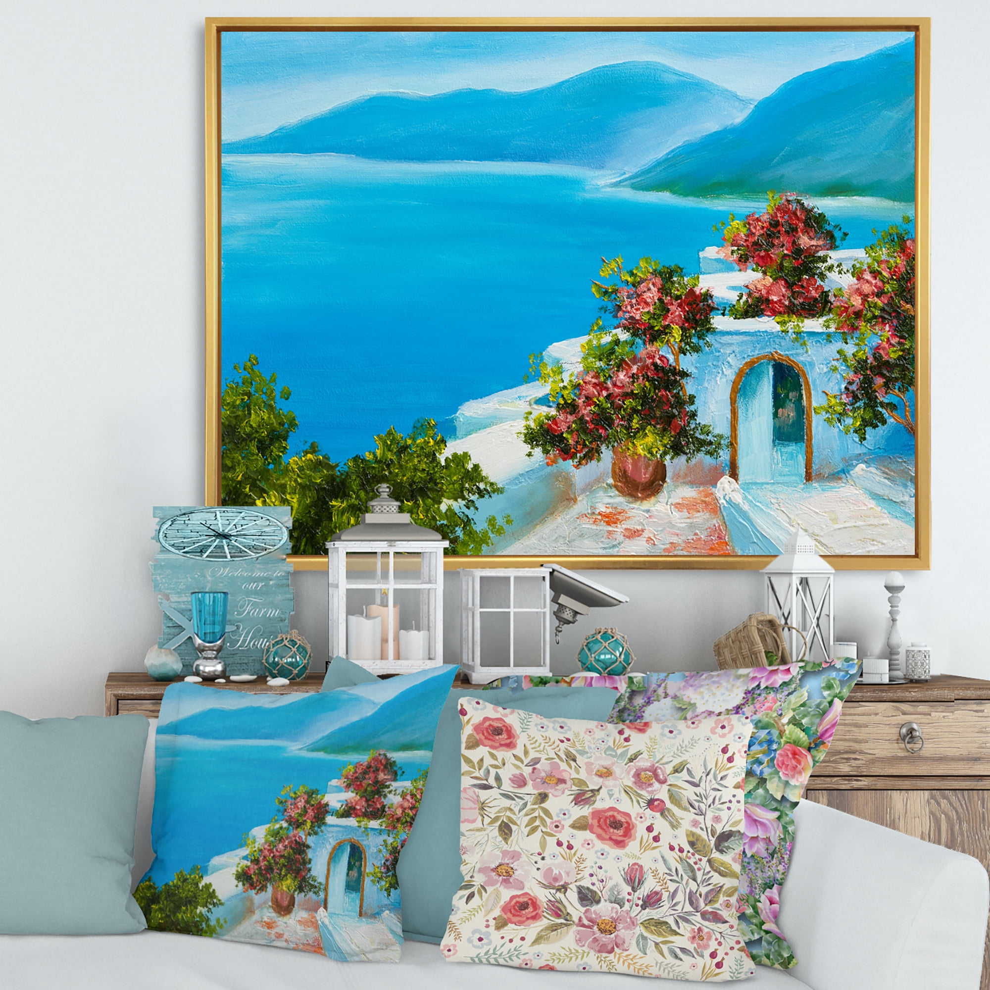 Designart 'House With Colorful Flowers Near The Sea I' Nautical & Coastal Framed Canvas Wall Art Print