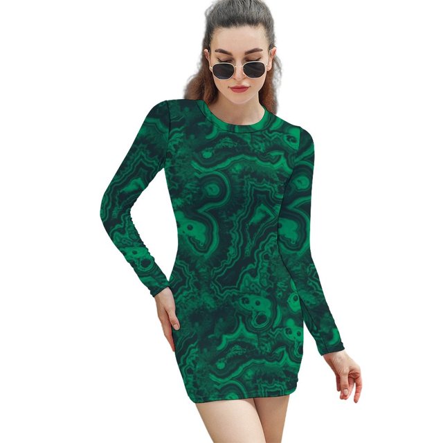 Robe Imprimée Malachite Automne Hiver Col Rond Manches Longues Nouvelle Mode Robes Amples à Capuche