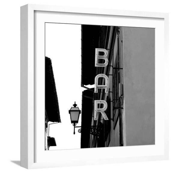 Art.com Black and White Neon Lights Spelling BAR in the Street Photographic Print by Robin Nieuwenkamp, White Frame Wall Art, 21" x 21"