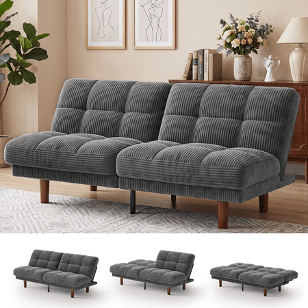 CHITOOMA 66" Futon Sofa Bed with Adjustable Backrest, Corduroy Convertible Futon Couch, Extra-Thick Cushion, Comfy Loveseat for Small Spaces, Apartment or Office, Gray