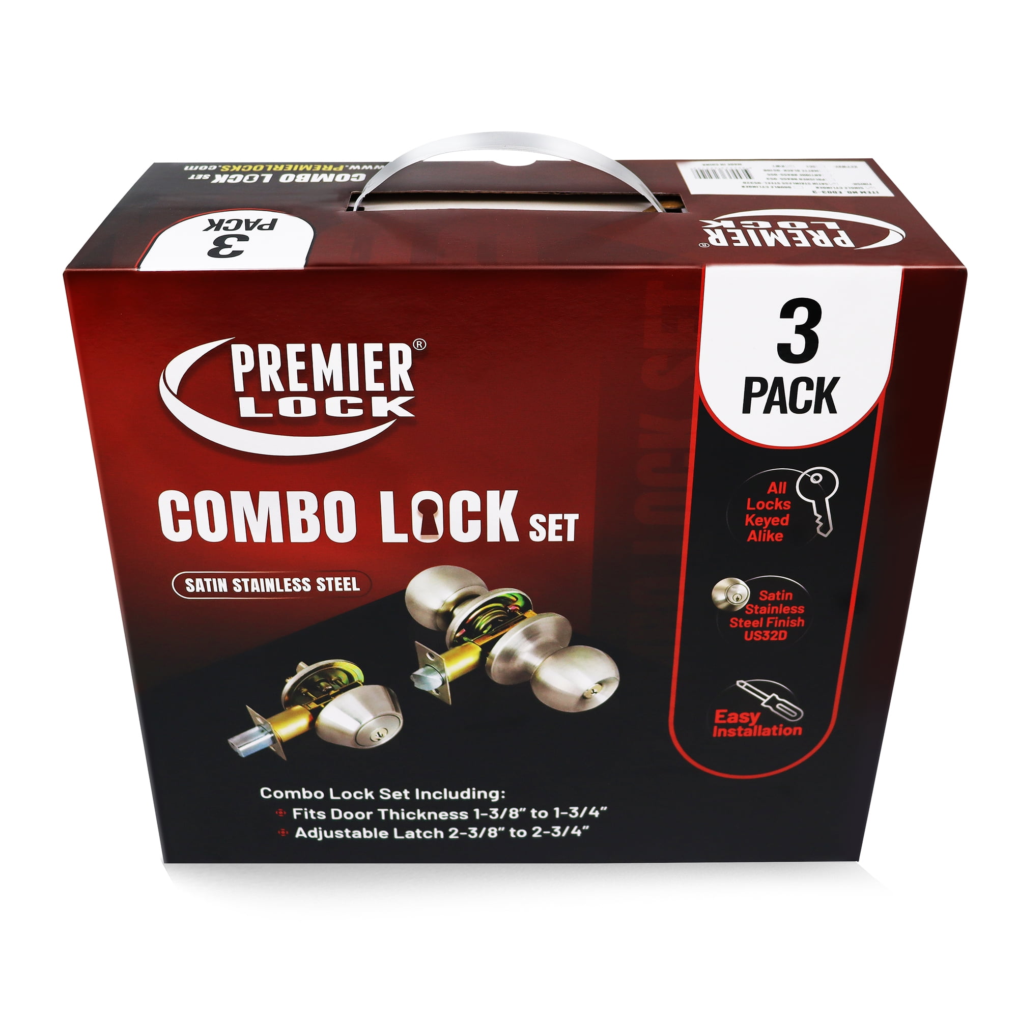 Premier Lock® Stainless Steel Entry Lock Set Door Knob & Deadbolt Keyed Alike SC1 Keyway (Set of 3). 18 Total Keys, Keyed Alike by Set