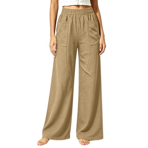 SAWOBUUN Womens Cotton Wide Leg Pants High Waisted Elastic Waist Casual Loose Fit Palazzo Trousers With Pockets