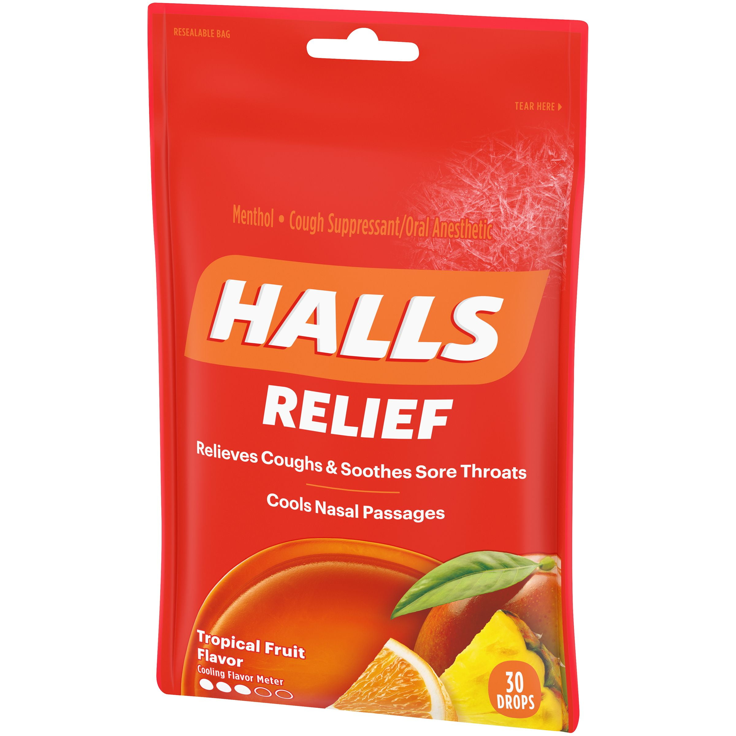 HALLS Relief Tropical Fruit Flavor Cough Drops, 1 Bag (30 Total Drops)