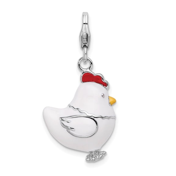Sterling Silver Enamel Chicken Charm Pendant for Women, White Hen with Red Comb, Farm Animal Jewelry for Bracelet or Necklace, Whimsical Country Style Symbol of Home and Simplicity