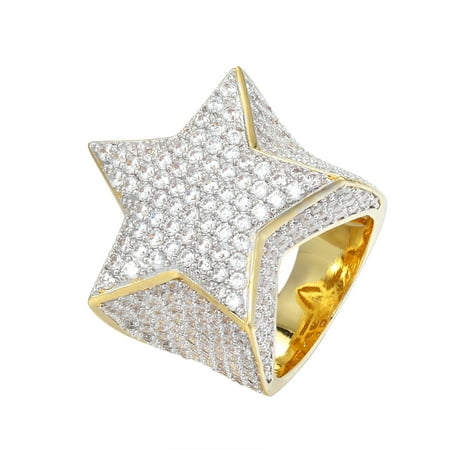 Men's Designer 3D Star Ring Sterling Silver Iced Out 14k Gold