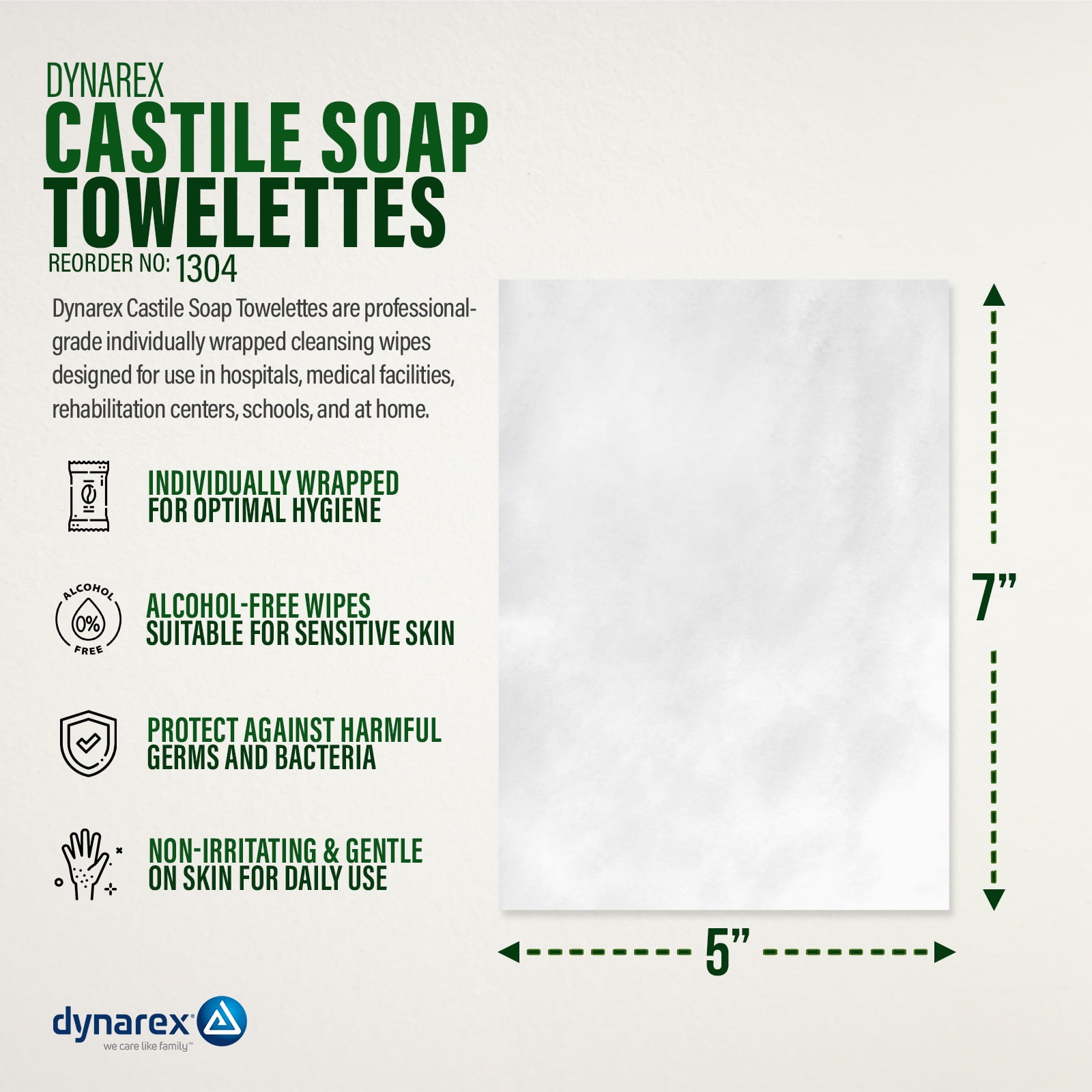 Dynarex Castile Soap Towelettes - Professional-Grade Wet Wipes Individually Wrapped for Hospital, School, Home - No Alcohol Gentle Formula with Coconut Oil-Based Soap, Size 5" x 7", 1000 Wipes Total