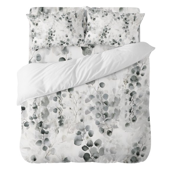 Spring Watercolor King Duvet Cover Set 4pcs Grey Eucalyptus Leaf Soft Cozy All Season Bed Sheet Set, 1 Duvet Cover 1 Sheet and 2 Pillowcases (No Comforter)