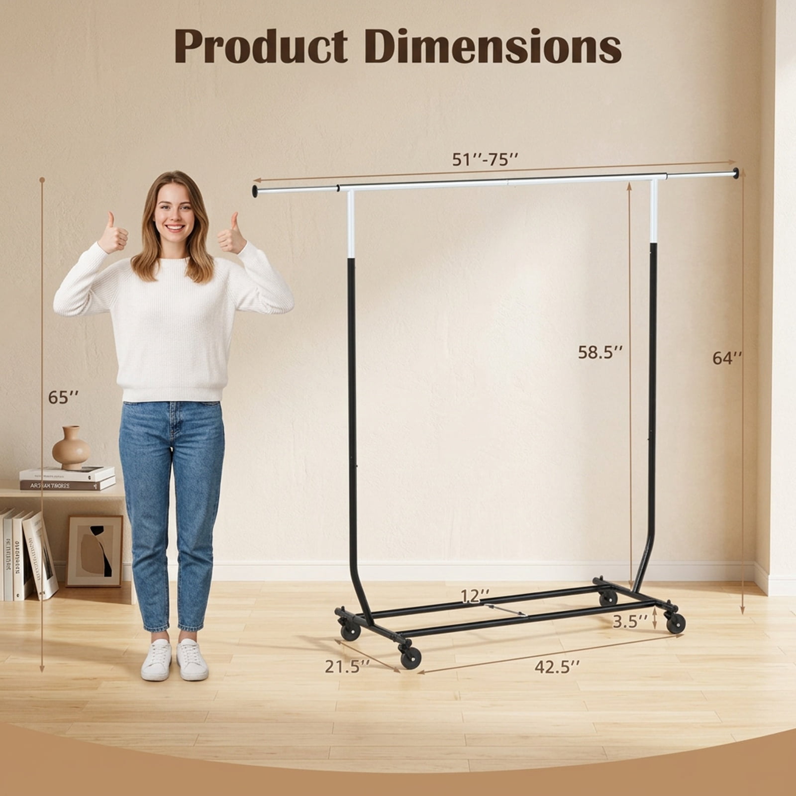 Furnibear Rolling Clothes Rack with Wheels Extendable Hanging Rod and Bottom Storage Bars Heavy Duty Metal Garment Rack for Bedroom and Laundry, Black