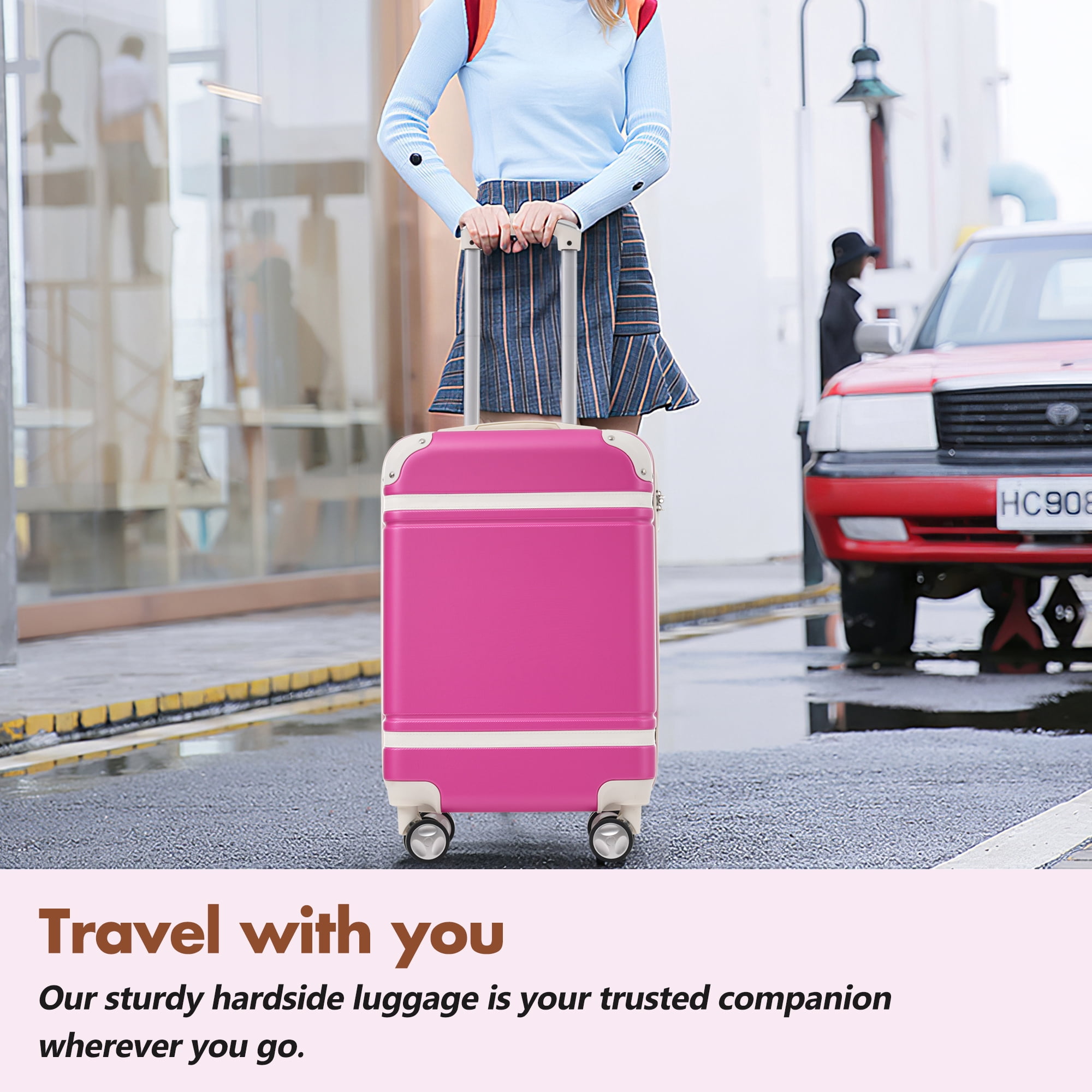 Hardshell Luggage Sets with Bags Lightweight Suitcase Double Spinner Wheels with TSA Lock ,Single Vintage Luggage 24 IN,Pink