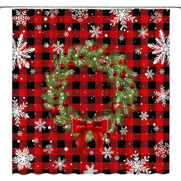 Merry Christmas Shower Curtain Christmas Wreath Snowflake Red Black Buffalo Check Plaid Xmas Ball Pine Leaf Winter Snow Holiday New Year Home Bathroom Decor Fabric Curtain Set with Hooks(70"WX70"H)