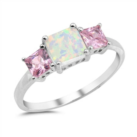 - Sterling Silver Women's Flawless Pink Cubic Zirconia White Simulated Opal Square Simulated Princess Cut Ring (Sizes 4-10) (Ring Size 10)