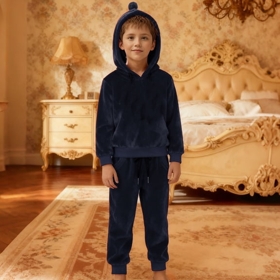 ZHOGXU Big Boys Girls Velvet Outfit Long Sleeve Solid Color Hoodies And Ankle Tied Jogger Comfortable Warm Two Piece Sets For Casual Daily Wear Black 9-12 Months