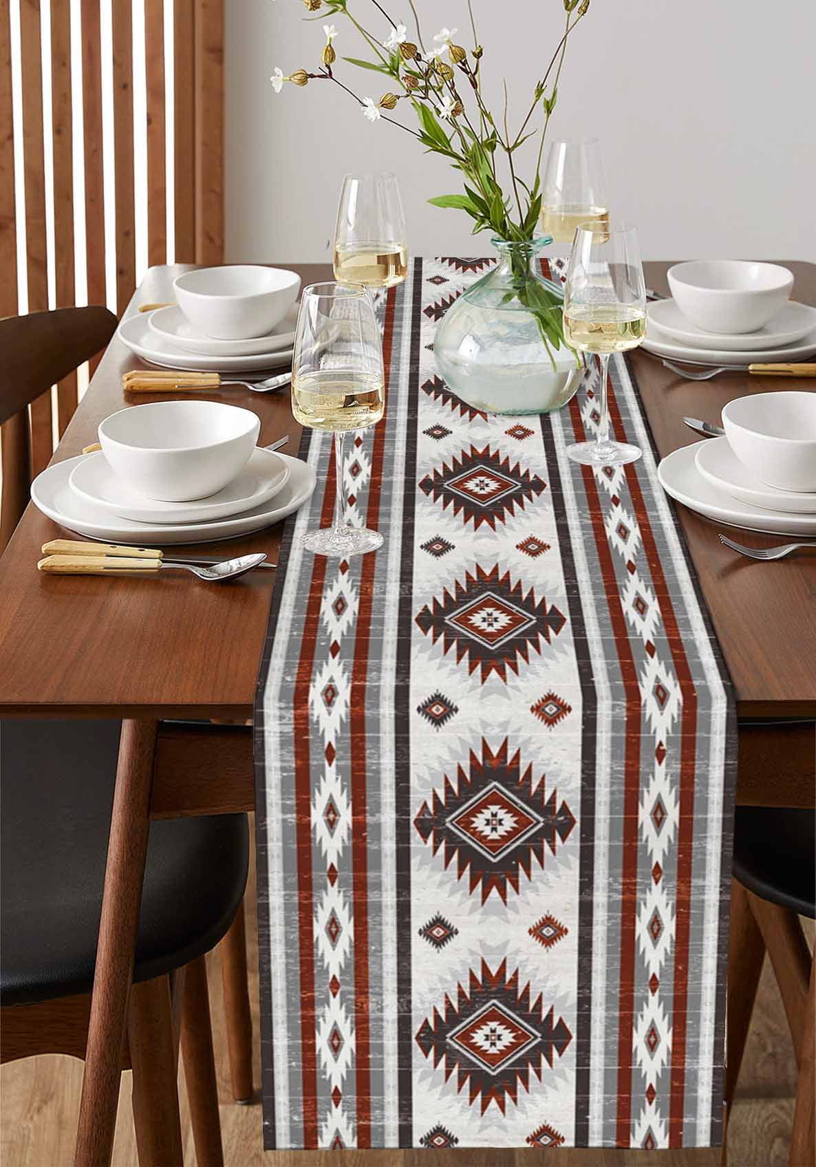 Red Grey Burlap Cotton Table Runner 13x90 Inches Long, Southwestern Boho Aztec Ethnic Abstract Print Farmhouse Table Runners, Outdoor Dining Tablecloths Decor for Baby Shower/Party/Wedding