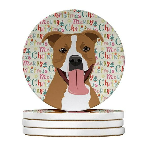 4 x 4 in. Unisex Pit Bull Fawn No.2 Christmas Large Sandstone Coasters - Pack of 4
