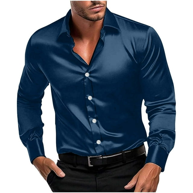 Mens Silk Satin Dress Shirts Shiny Long Sleeve Button Down Shirt for Party Prom Wedding