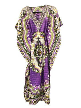 Mogul Women Kimono Purple Printed Long Caftan Summer Beach Cover Up Nightwear Kaftan Dress One Size