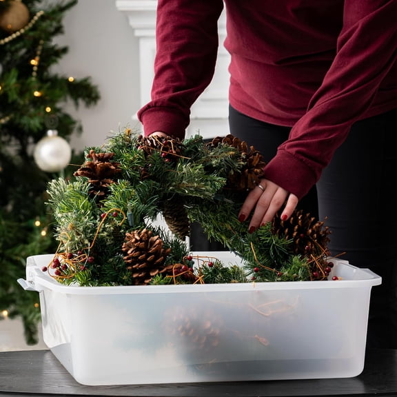 33 Quart Christmas Wreath Storage Container Box with Lid, 3-Pack, Stackable Under Bed Storage Organizer Bin with Latching Buckles for 20" Wreaths Christmas Decorations Garlands, Clear/Red