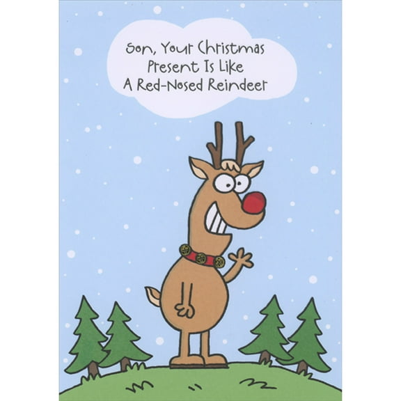 Designer Greetings Present is Like a Red-Nosed Reindeer: Waving Reindeer Funny / Humorous Sliding Panel 3D Christmas Card for Son
