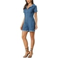thumbnail image 4 of INSPIRE CHIC Women's Denim Jumpsuit V Neck Zip Up Short Sleeve Belted Jeans Romper, 4 of 5