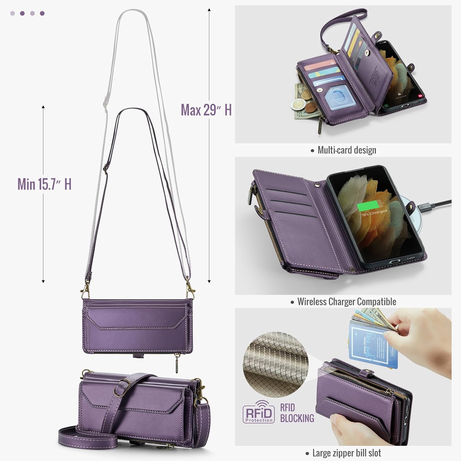 Phone Case for Samsung Galaxy S21 Ultra 5G Zipper Wallet Cover with Tempered Glass Screen Protector and Flip RFID Blocking Cash Card Holder Cell S21ultra 21S S 21 21ultra G5 Women Girls Purple