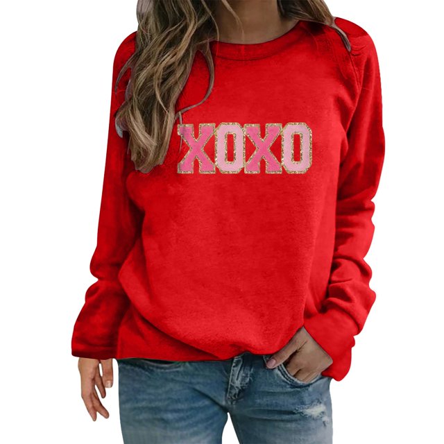 Outfmvch Hauts Courts à Manches Longues pour Femmes, T-Shirts Graphiques à Manches Longues pour Femmes, Hauts Rouges pour Femmes, Chandail en Molleton de la Saint-Valentin en Forme de Cœur, Pull Matelassé pour Femmes, Hauts à Manches Longues Rouge L
