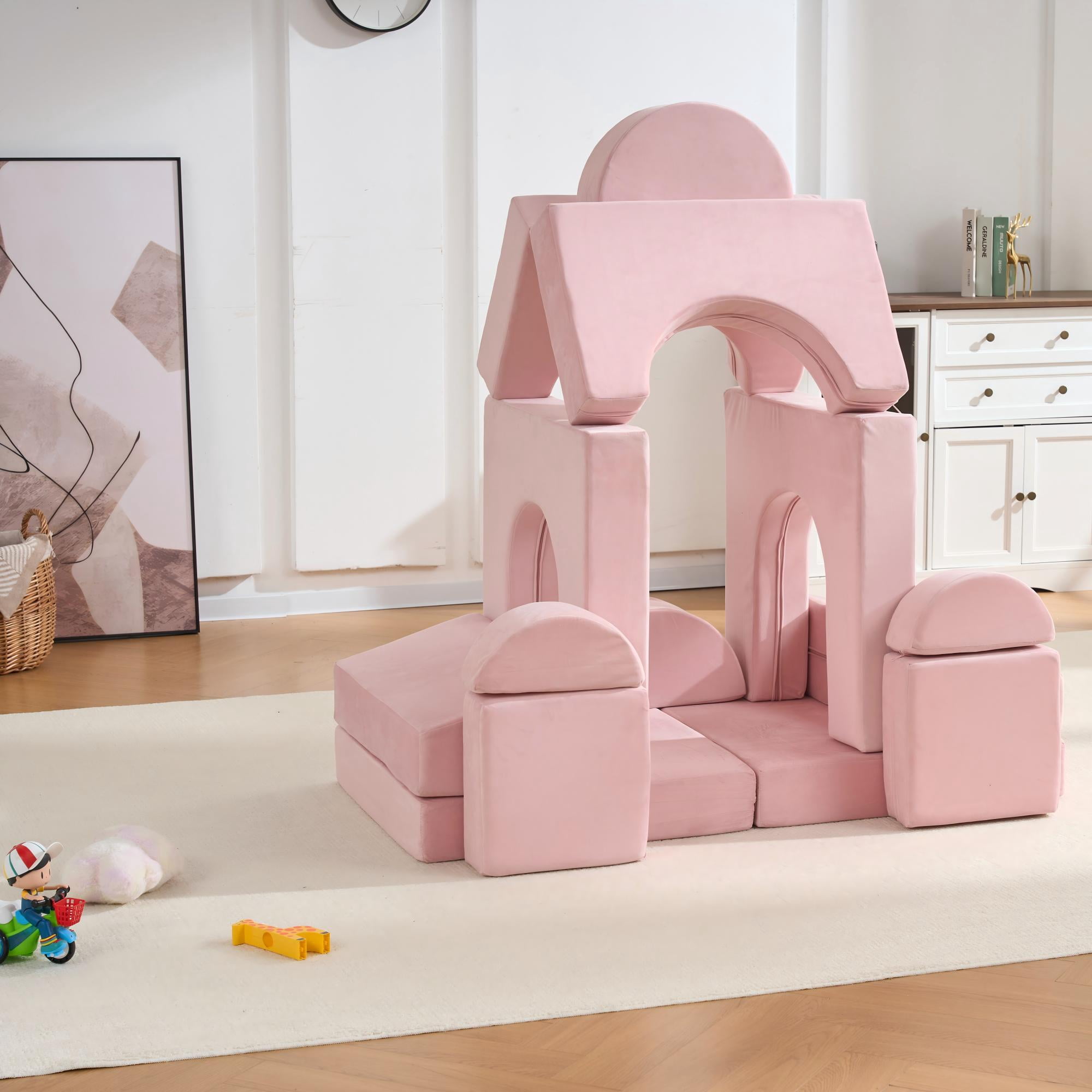 MAYEERTY 14PCS Modular Kids Play Couch, Convertible Foam Sectional Sofa, Washable Cover Toddler Building Blocks Playset for Playroom Bedroom, Pink