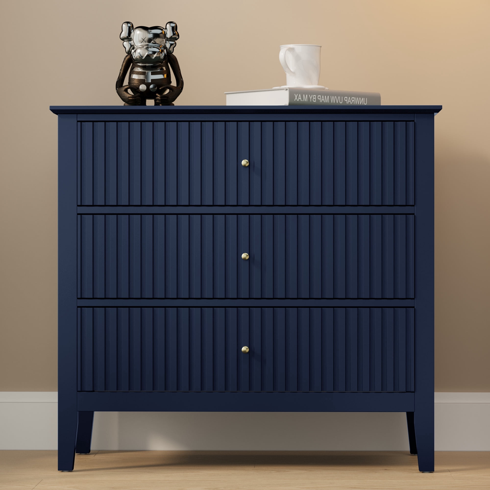 Cozy Home Blue 3 Drawer Dresser Set of 2, Painted Tall Wood Nightstand with Storage, for Bedroom Hallway Living Room Entryway Office