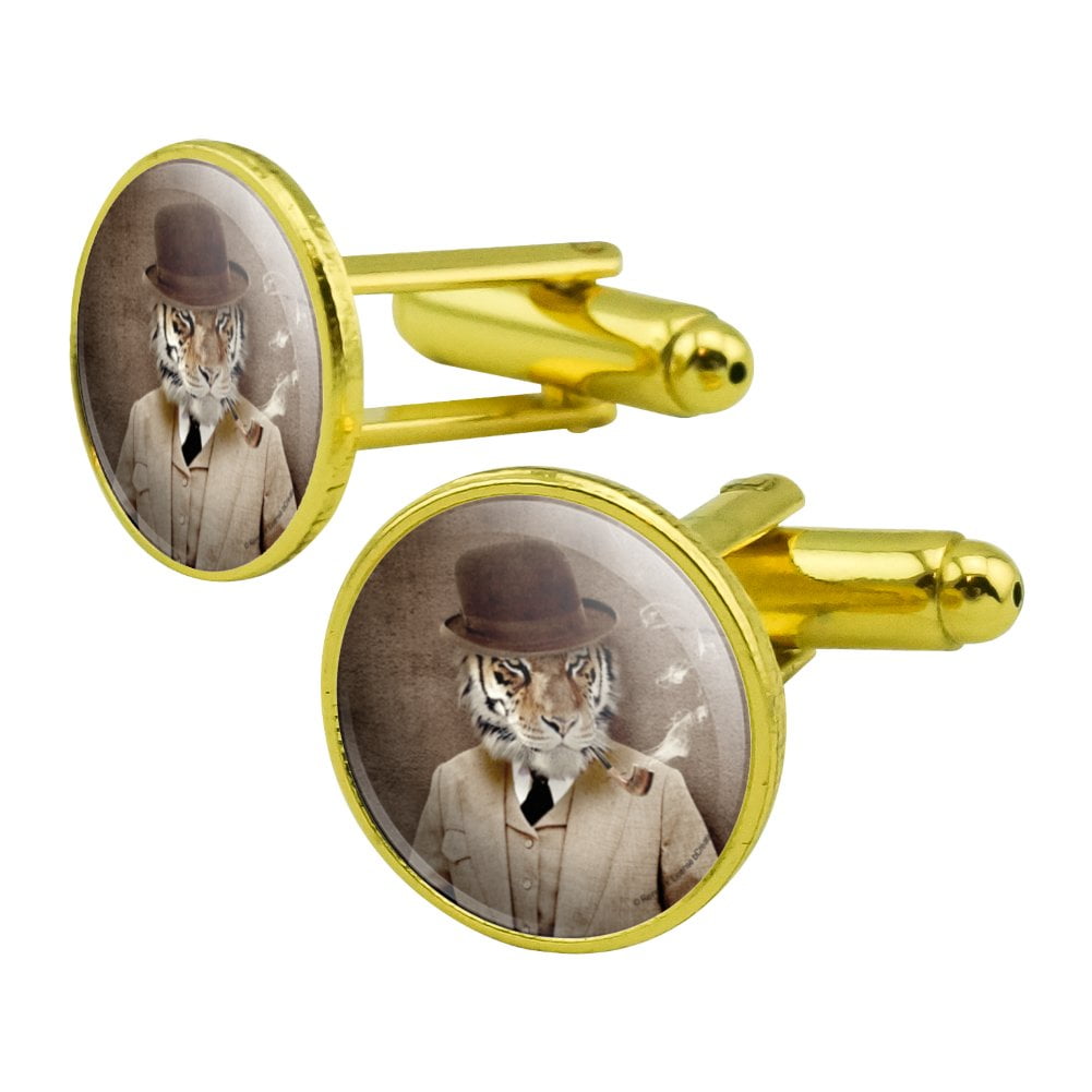 Tiger in Hat and Suit Smoking Pipe Round Cufflink Set Gold Color