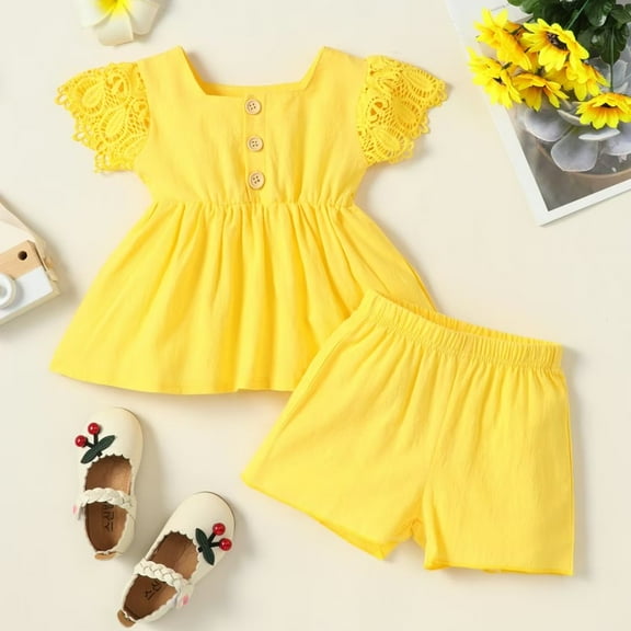 YEEDISON Children's Set Girls' Set Spring Summer Short Sleeve Solid Lace Casual Set Two Piece Set for 9M-6Y