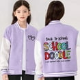 thumbnail image 2 of Boys Girls Color Block Varsity Jackets - Stylish Floral Print Letter Design Girls Cardigan Coat Warm Autumn Winter Baseball Jacket Outerwear for Children,Color:Light Purple,Size:4-5 Years, 2 of 5
