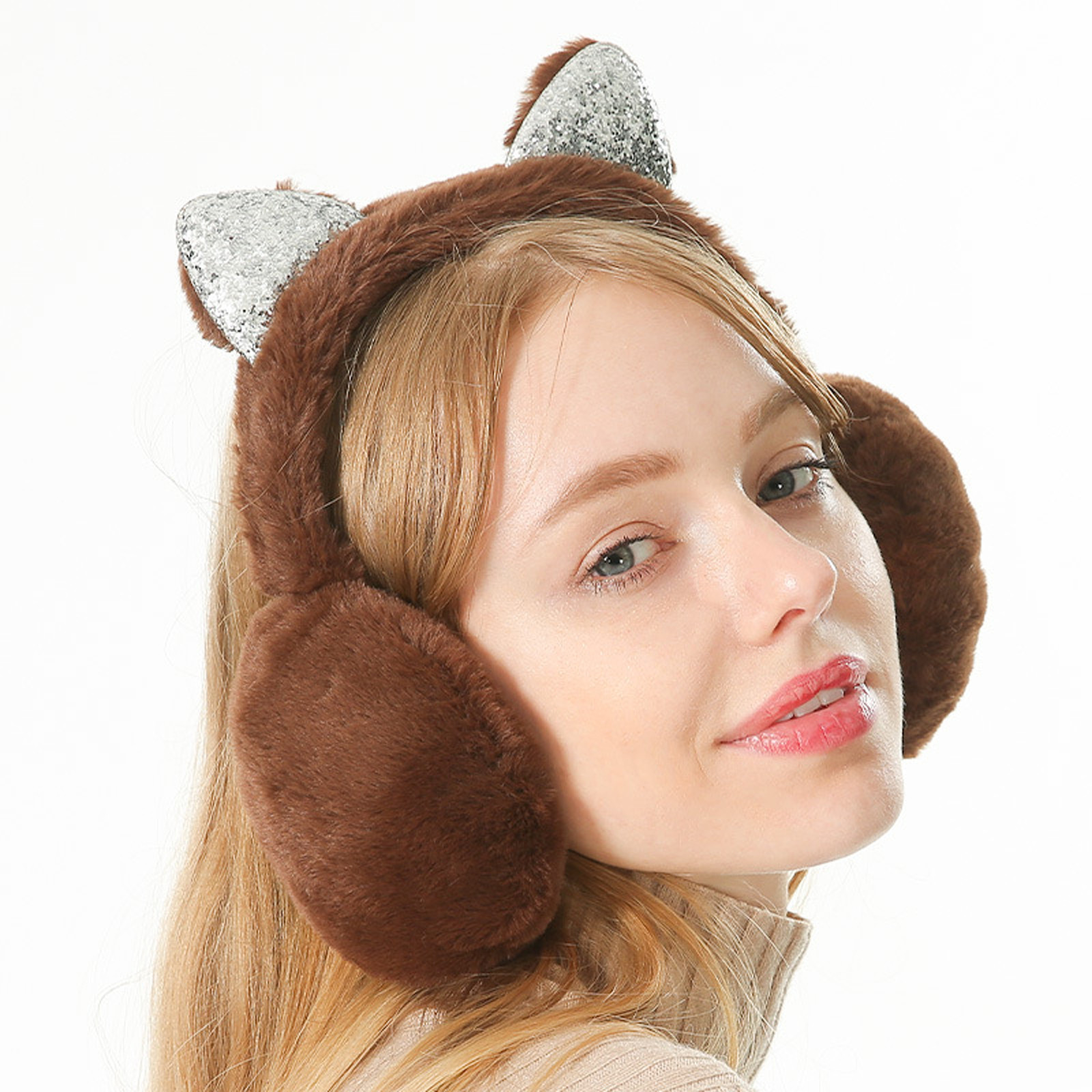 Wodofoxo Promotion Girls' Cute Sequinned Cat Ears Ear Warmers Folding