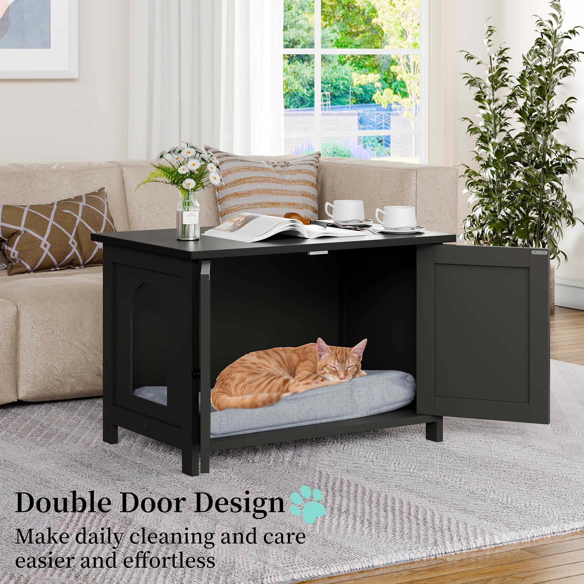 Walsunny Hidden Cat Litter Box Cat Washroom with Double Removable doors and Divider Indoor for Living Room Black
