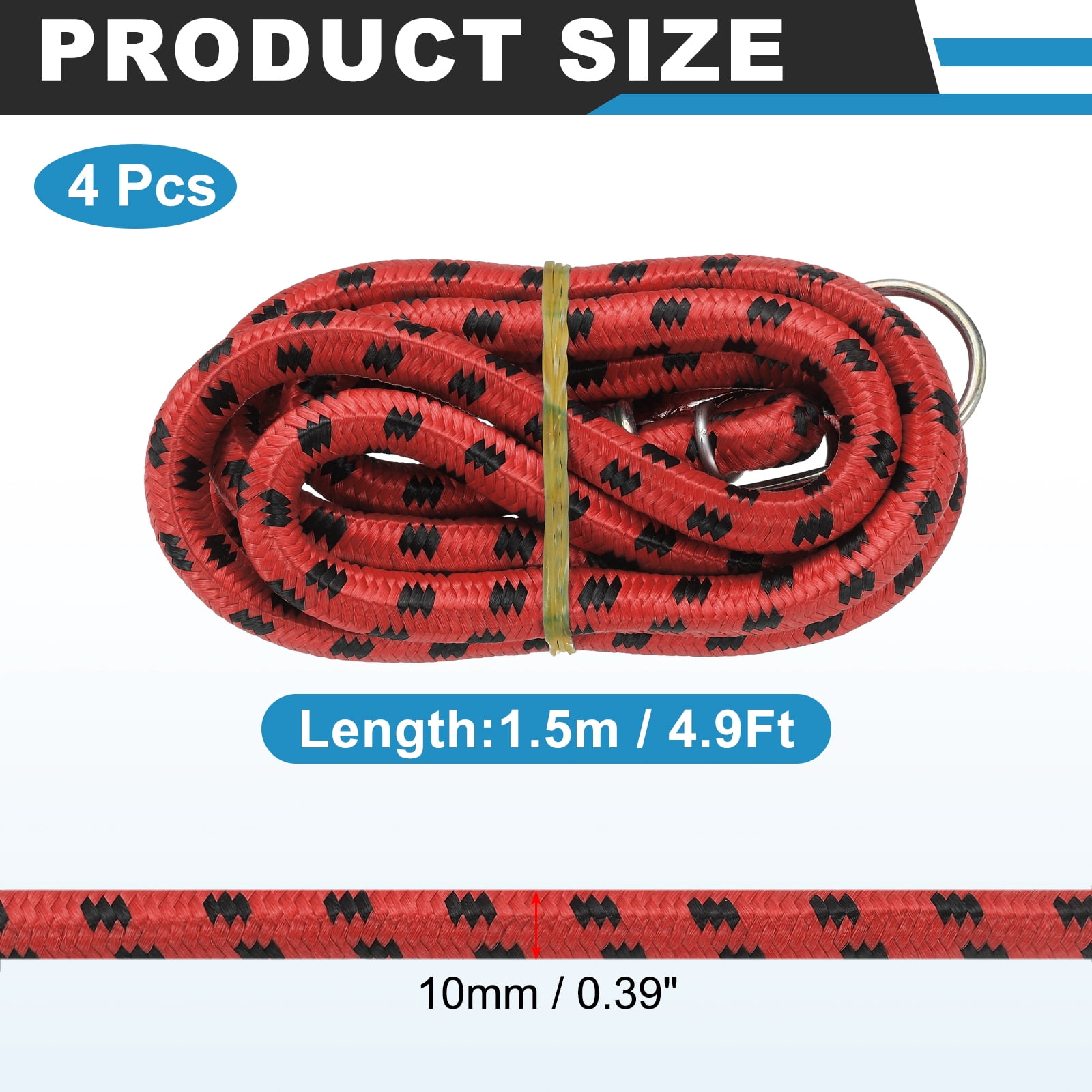 Uxcell 3/8" x 4.9ft Marine Grade Bungee Cord with Hooks, 4Pcs Rubber Heavy Duty Outdoor Elastic Straps Kayak Stretch String Rope for Securing Luggage Moving Cargo, Red