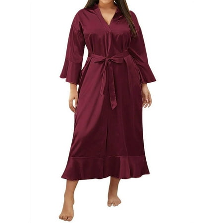 Hugossia Plus Size Women Satin Silk Kimono Robe Gown Sleepwear Lingerie Long Nightie Dress