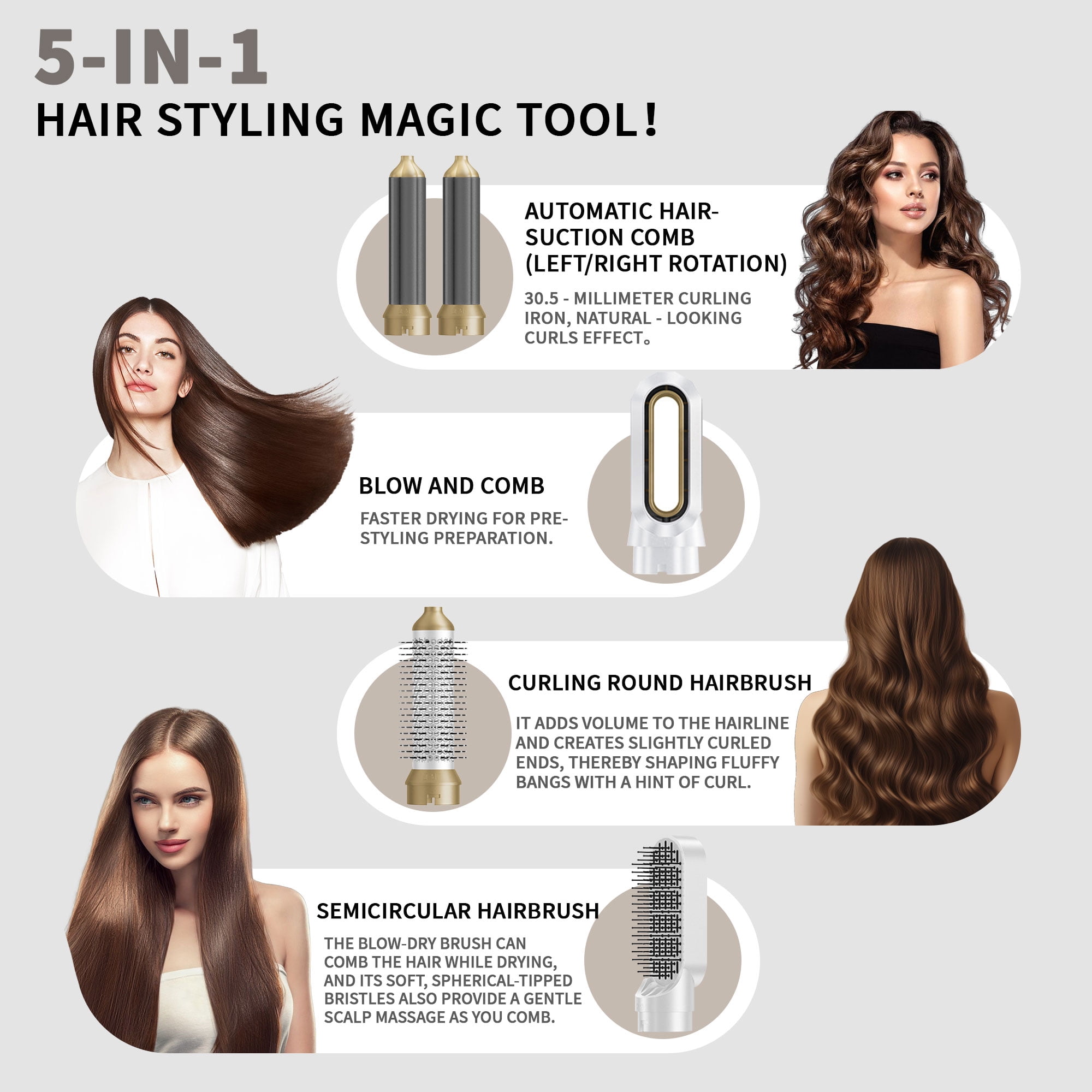 5 in 1 Hair Dryer Brush Set – Ionic Air Styler, Blow Dryer, Curling Iron & Hot Air Brush in One, Detachable Design for Drying, Curling, and Straightening Hair