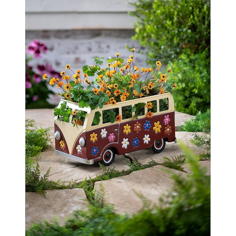 Plow & Hearth Vintage Style Flower Power Miniature Bus Garden