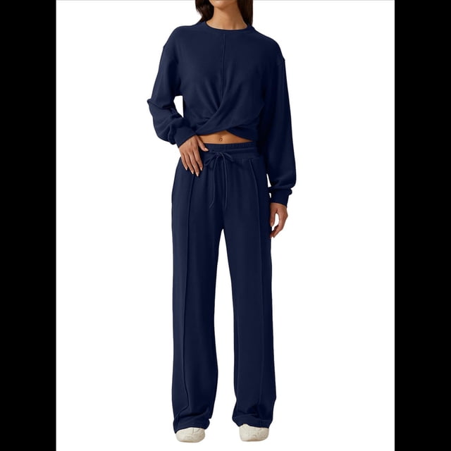 Conjunto de Chándal de 2 Piezas para Mujer: Sudadera Corta con Parte Delantera y Pantalón Deportivo de Pierna . Conjunto de Estar por Casa. Azul Marino S